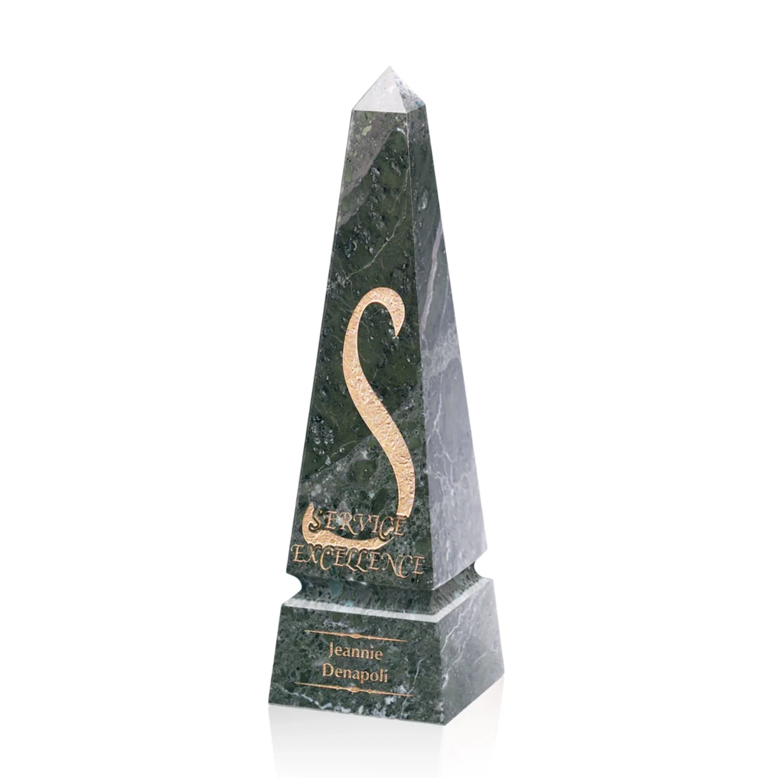 Custom Green Marble Obelisk Award With a Grooved Base Band for sales achievement awards