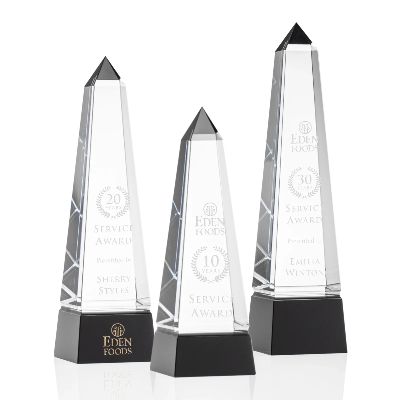 Custom Optical Crystal Obelisk Award with Grooved Sides on Black Base for employee recognition