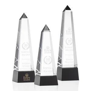 Optical Crystal Obelisk Award with Grooved Sides on Black Base