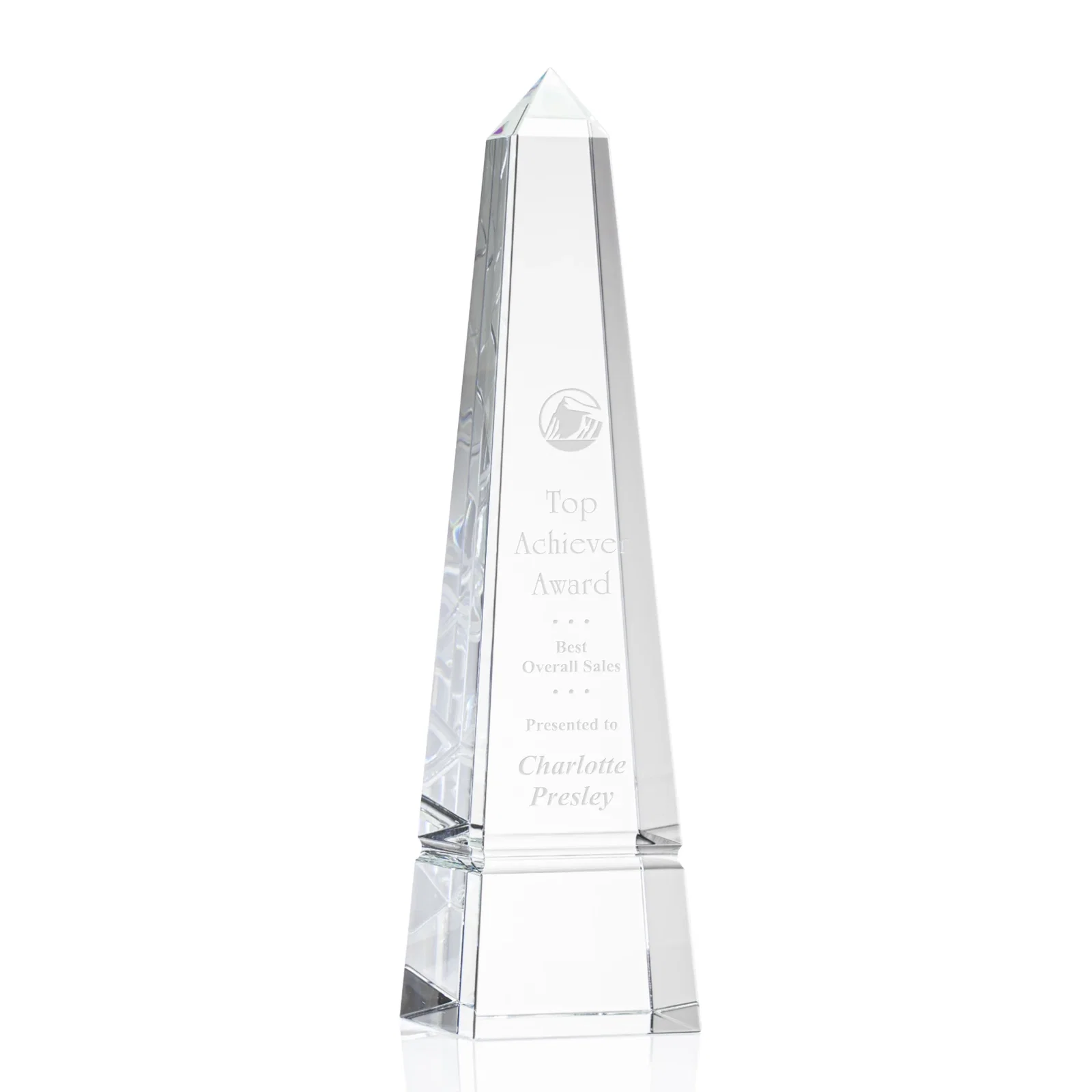 Custom Optical Crystal Obelisk Award with Grooved Sides on Black Base for volunteer appreciation