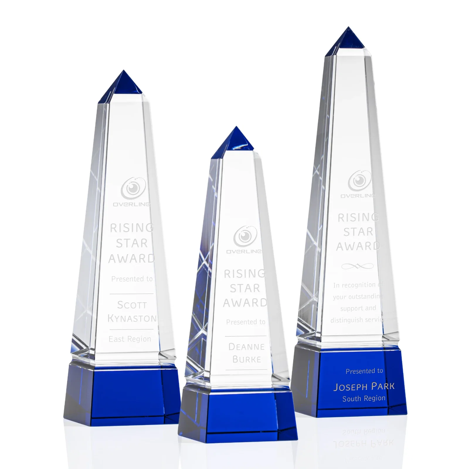 Custom Optical Crystal Obelisk Award with Grooved Sides on Black Base for dealer and partner awards