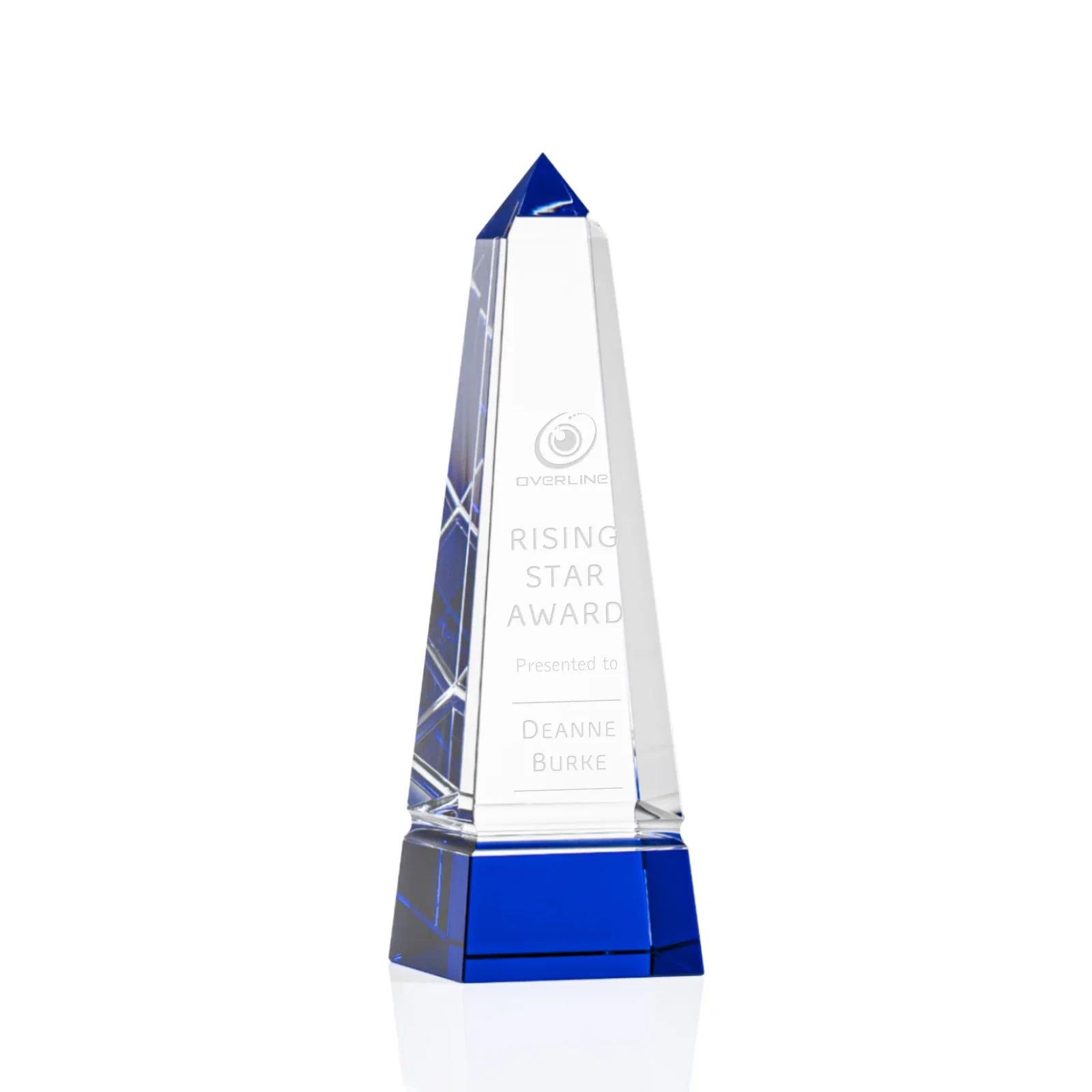 Custom Optical Crystal Obelisk Award with Grooved Sides on Black Base for company anniversary events