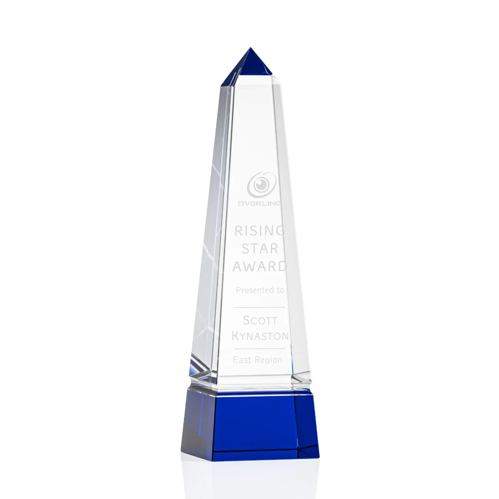 Personalized Optical Crystal Obelisk Award with Grooved Sides on Black Base for employee recognition