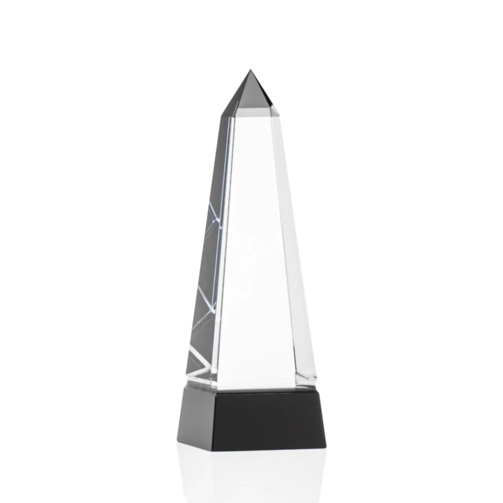 Personalized Optical Crystal Obelisk Award with Grooved Sides on Black Base for service anniversary gifts