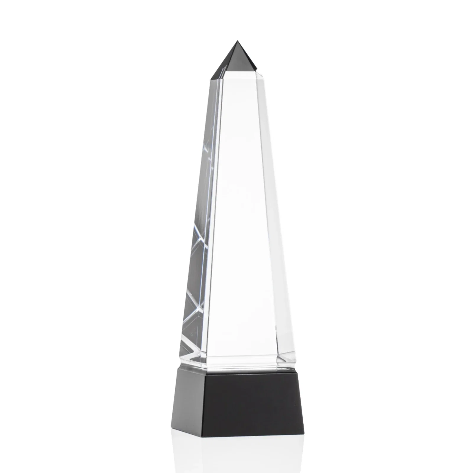 Personalized Optical Crystal Obelisk Award with Grooved Sides on Black Base for sales achievement awards
