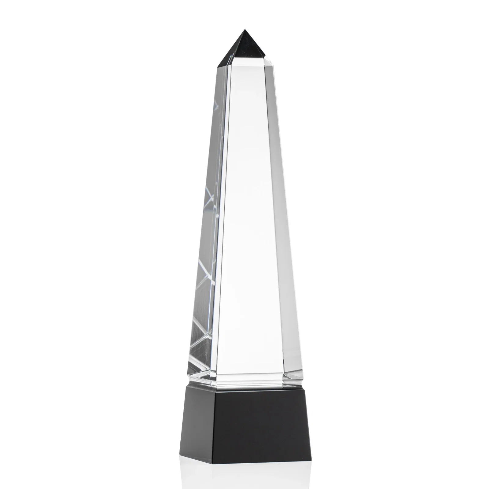 Personalized Optical Crystal Obelisk Award with Grooved Sides on Black Base for retirement presentations