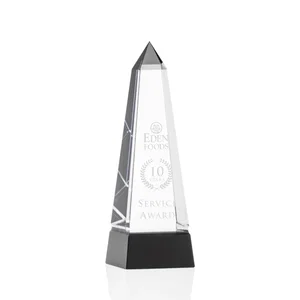 Optical Crystal Obelisk Award with Grooved Sides on Black Base