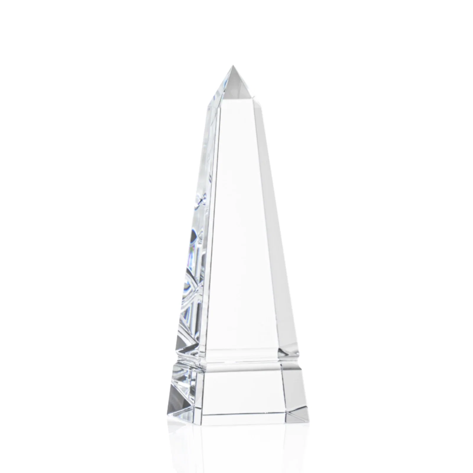 Personalized Optical Crystal Obelisk Award with Grooved Sides on Black Base for team milestone celebrations