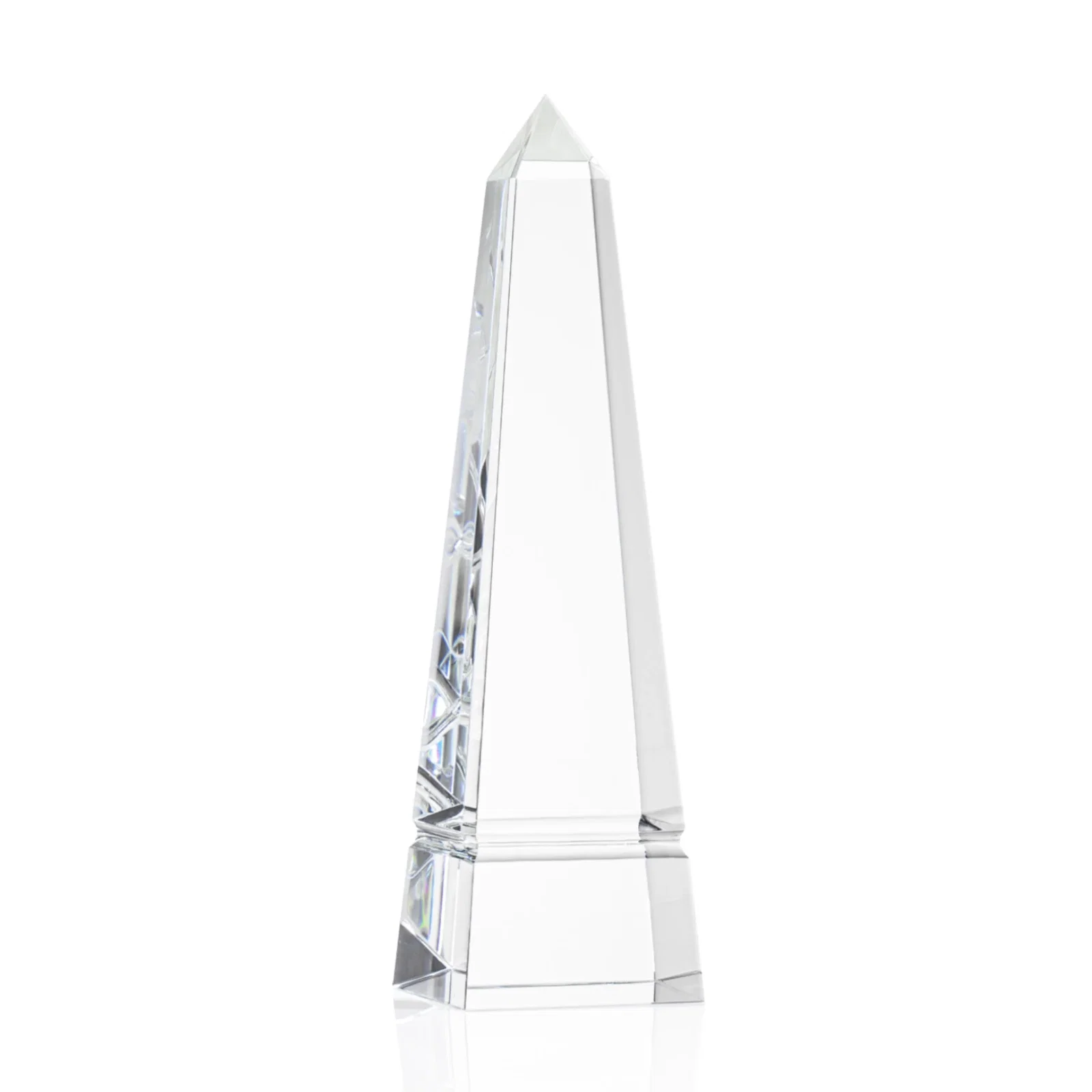 Personalized Optical Crystal Obelisk Award with Grooved Sides on Black Base for donor appreciation