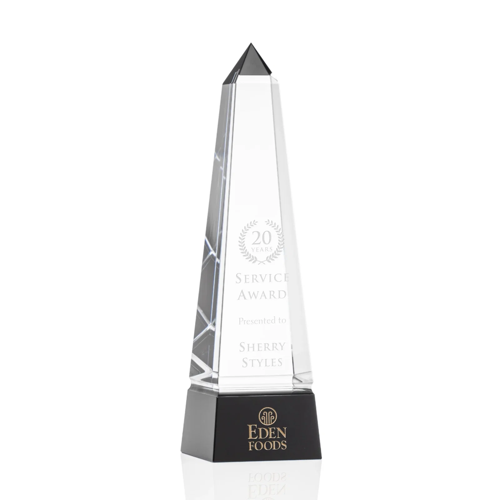 Custom Optical Crystal Obelisk Award with Grooved Sides on Black Base for service anniversary gifts