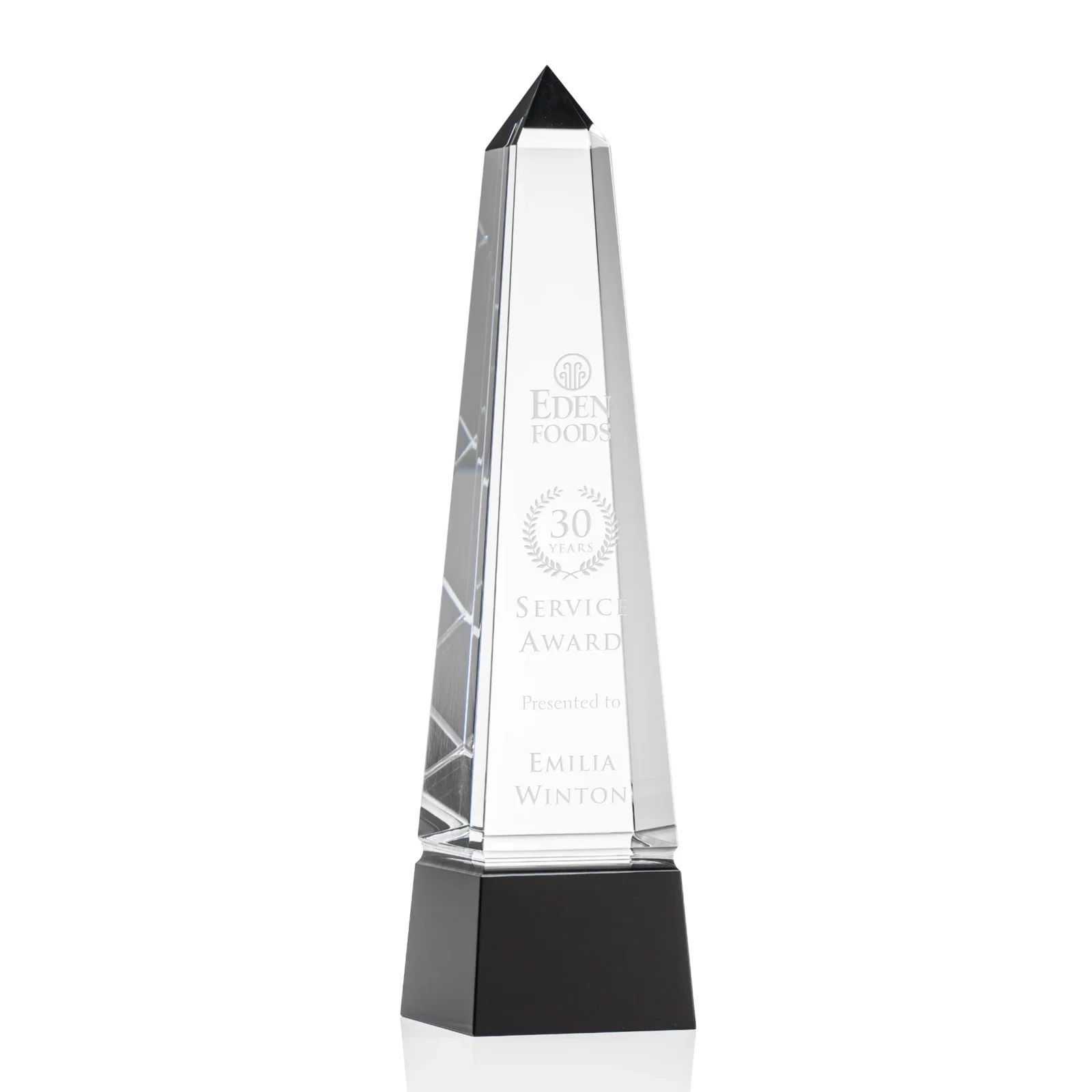 Custom Optical Crystal Obelisk Award with Grooved Sides on Black Base for sales achievement awards