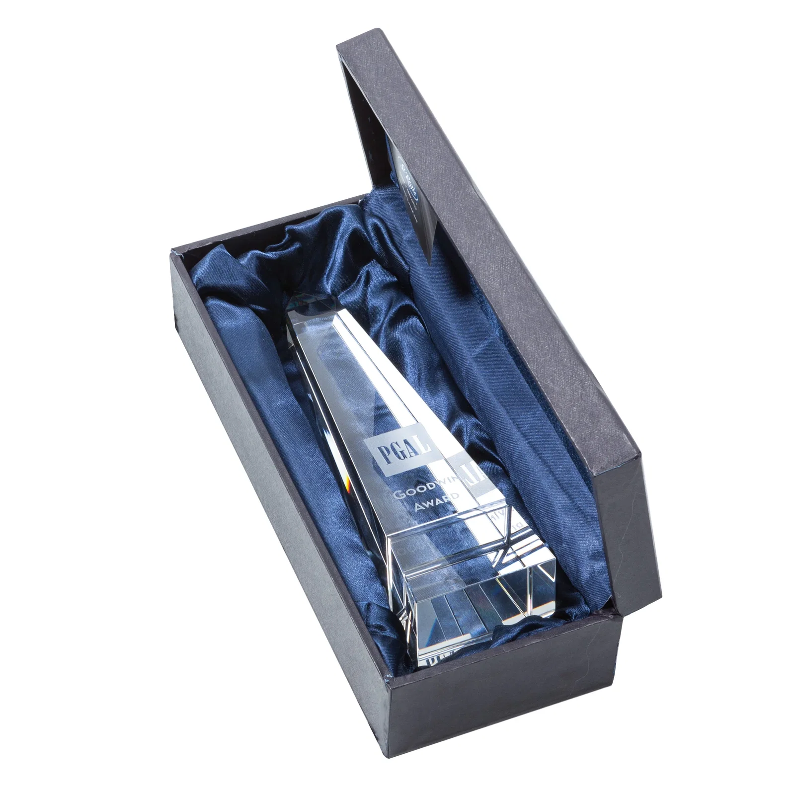 Custom Optical Crystal Obelisk Award with Grooved Sides on Black Base for retirement presentations