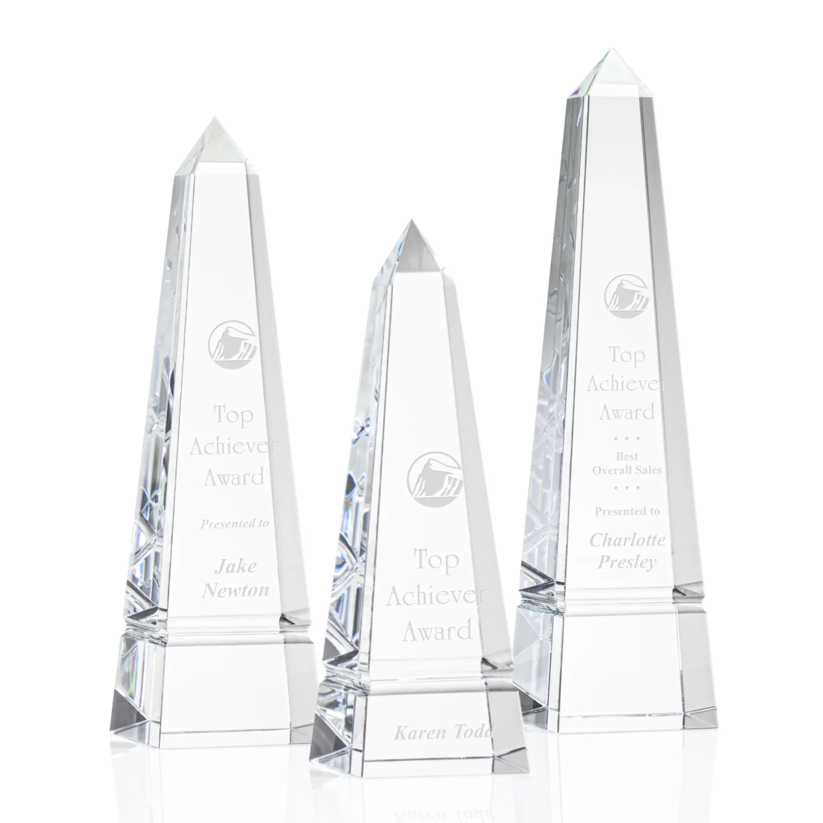Custom Optical Crystal Obelisk Award with Grooved Sides on Black Base for donor appreciation