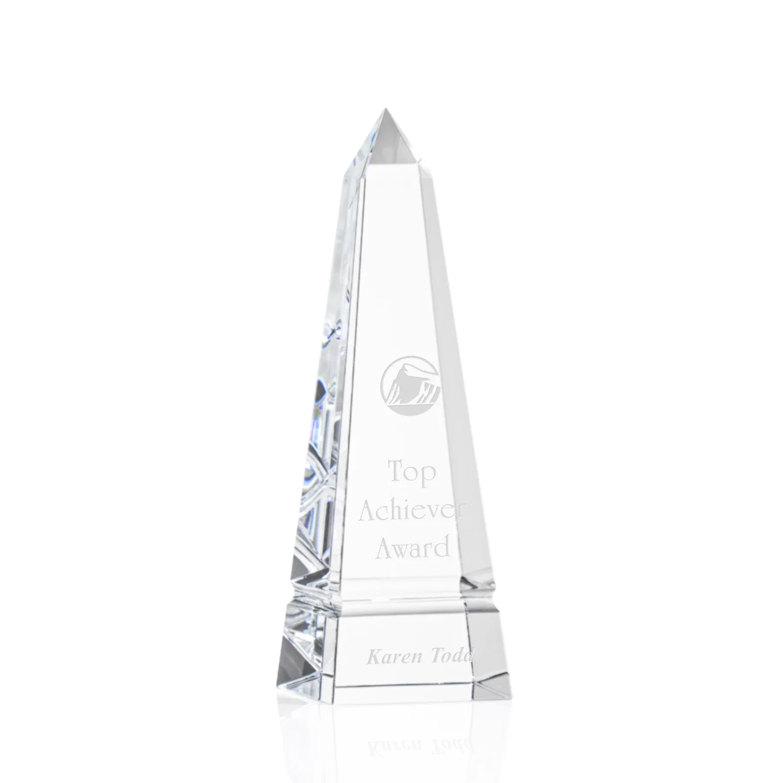 Custom Optical Crystal Obelisk Award with Grooved Sides on Black Base for graduation ceremonies