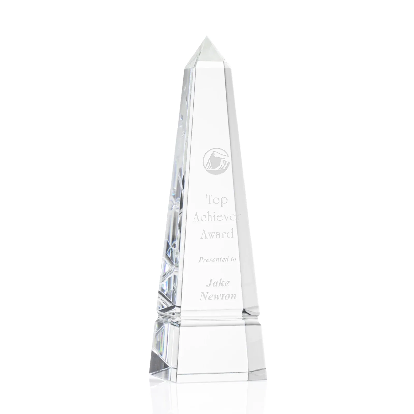 Custom Optical Crystal Obelisk Award with Grooved Sides on Black Base for safety achievement programs