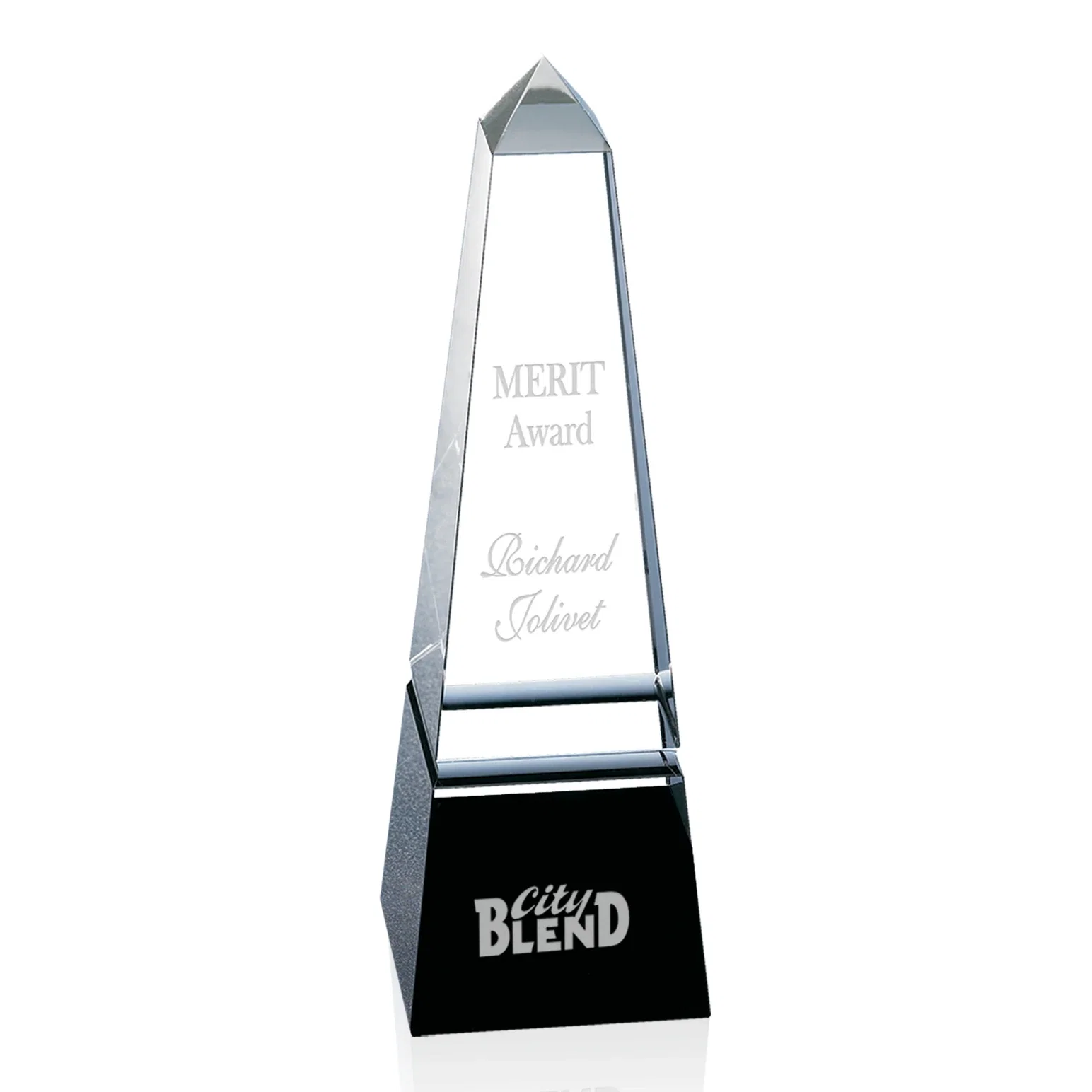 Custom Optical Crystal Obelisk Award with a Single Groove on Every Side for corporate award ceremonies