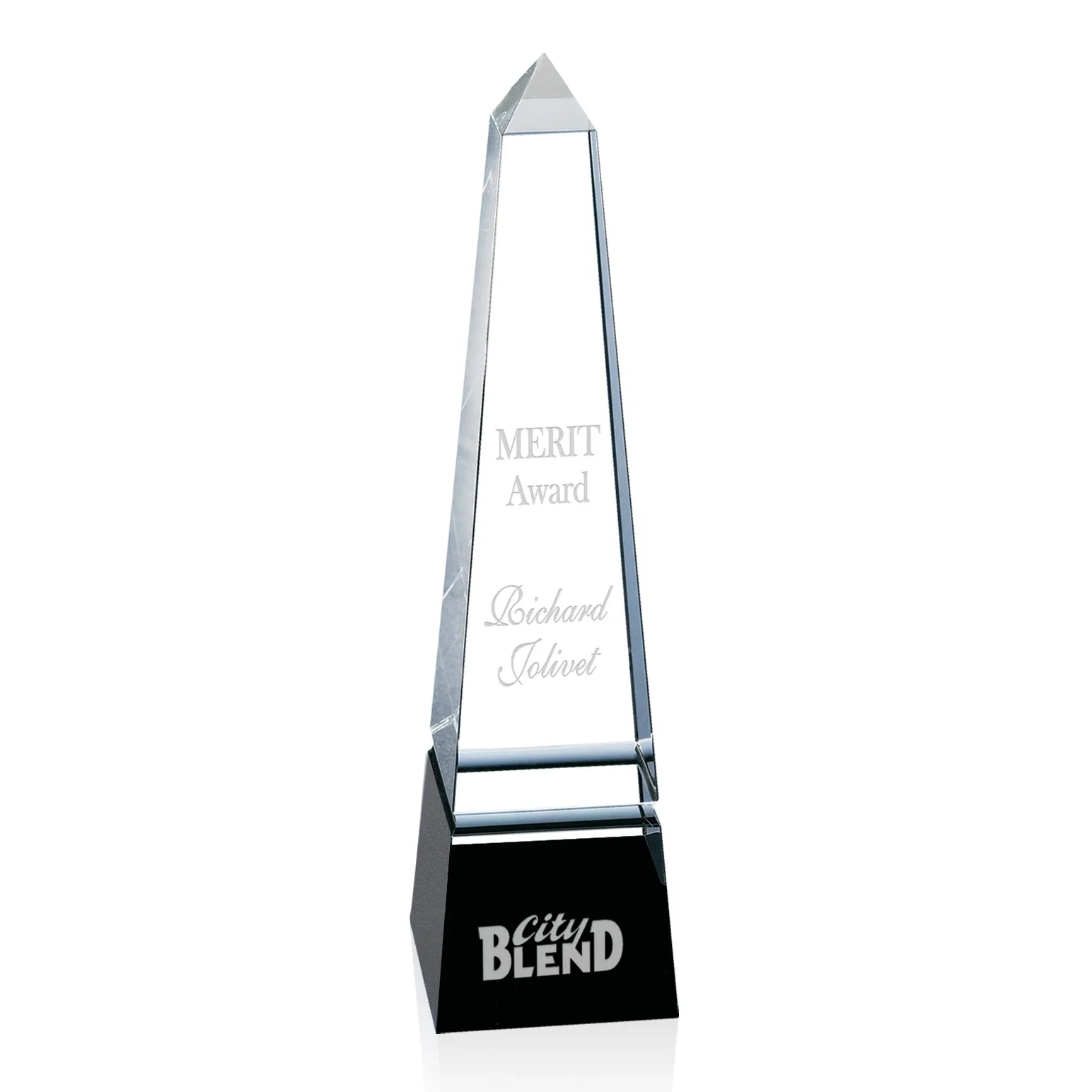 Custom Optical Crystal Obelisk Award with a Single Groove on Every Side for service anniversary gifts