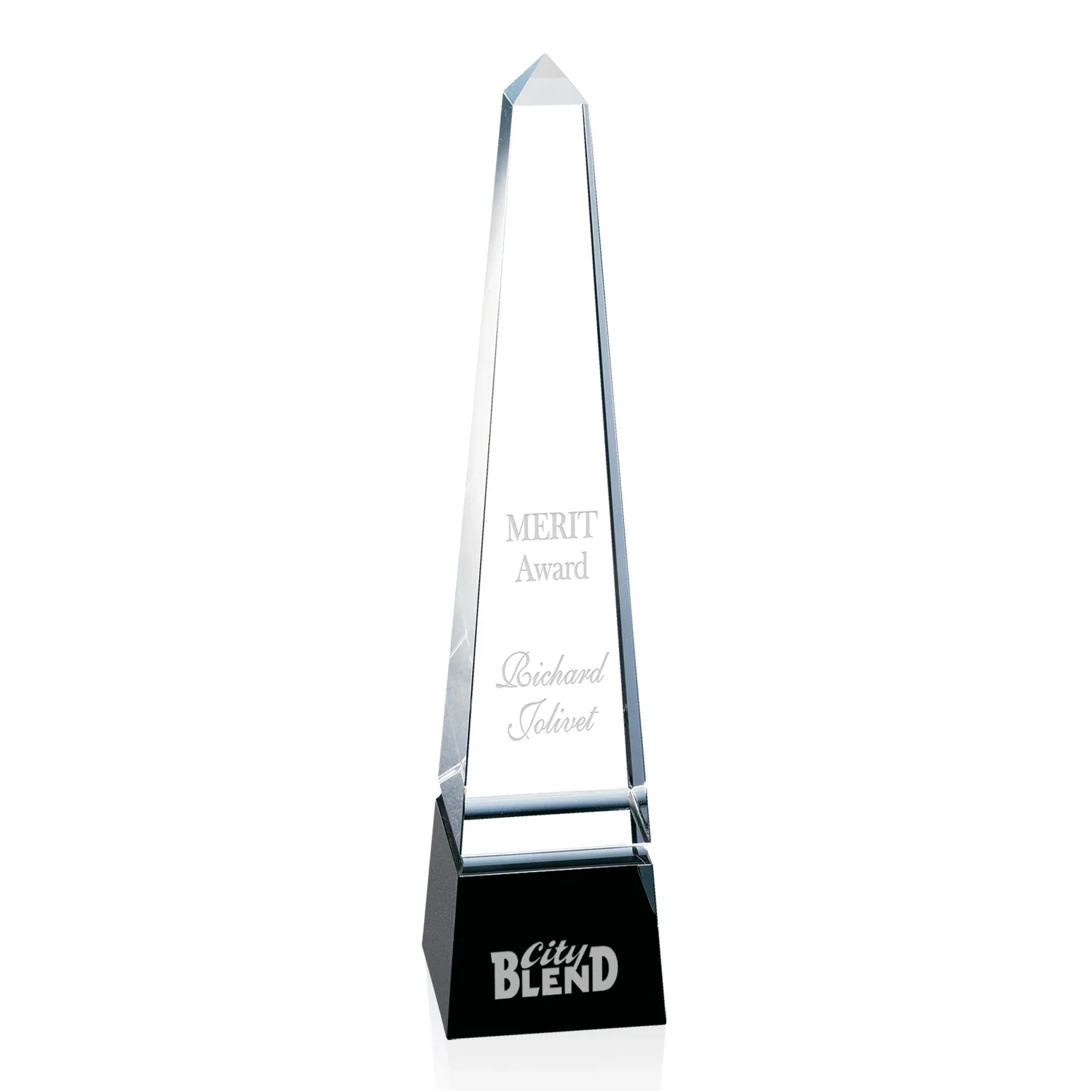 Custom Optical Crystal Obelisk Award with a Single Groove on Every Side for sales achievement awards