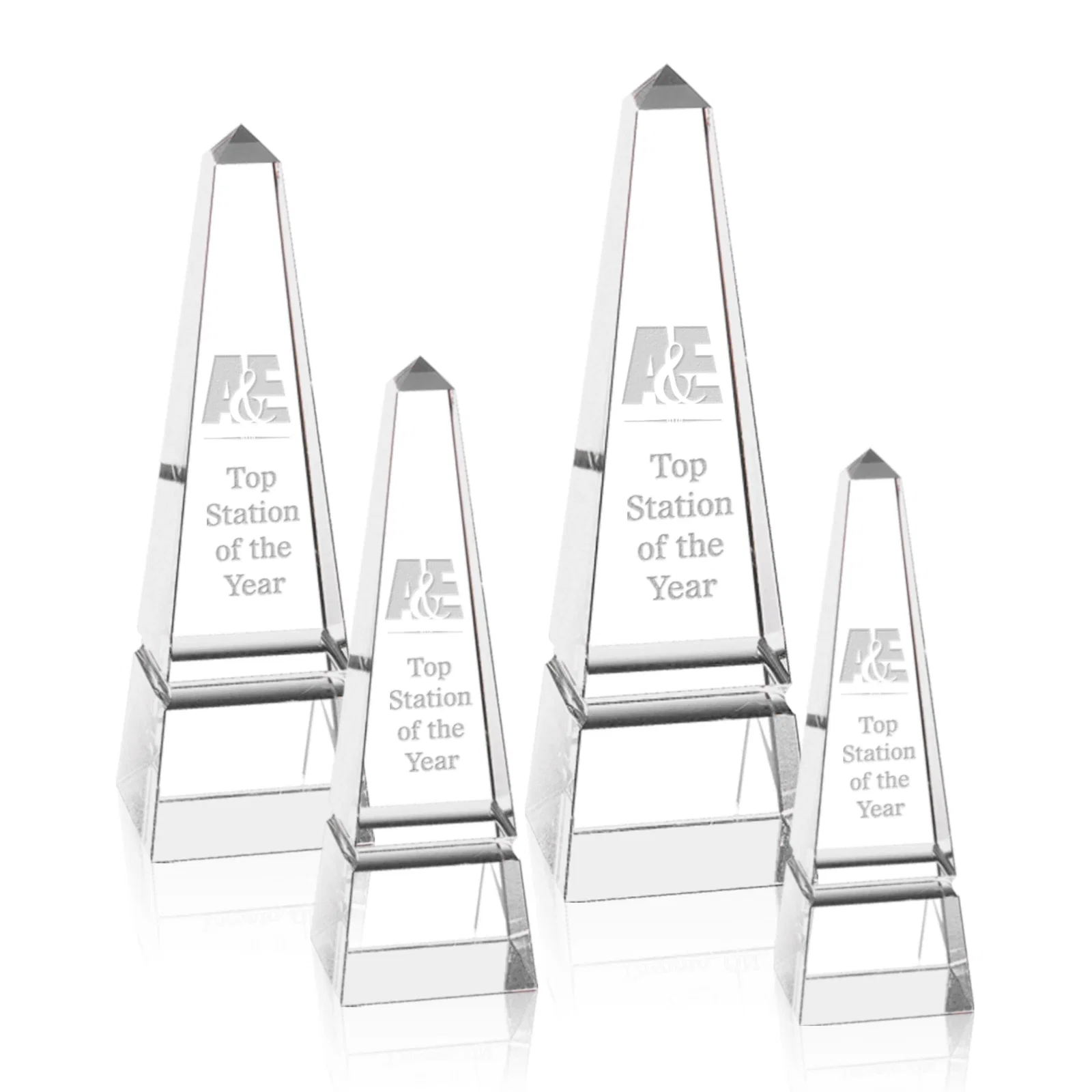 Custom Optical Crystal Obelisk Award with a Single Groove on Every Side for retirement presentations