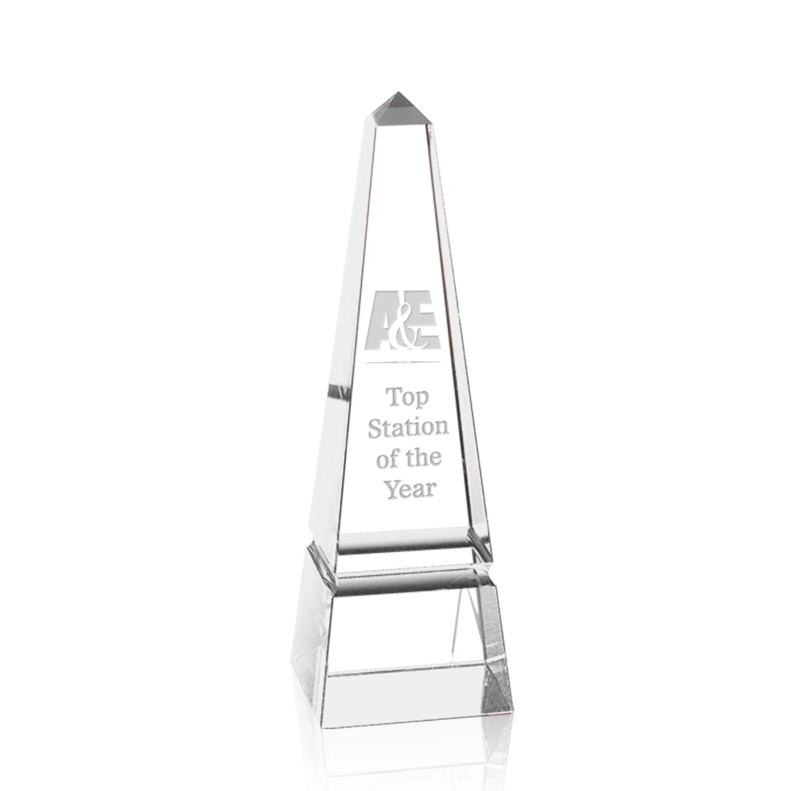 Custom Optical Crystal Obelisk Award with a Single Groove on Every Side for team milestone celebrations