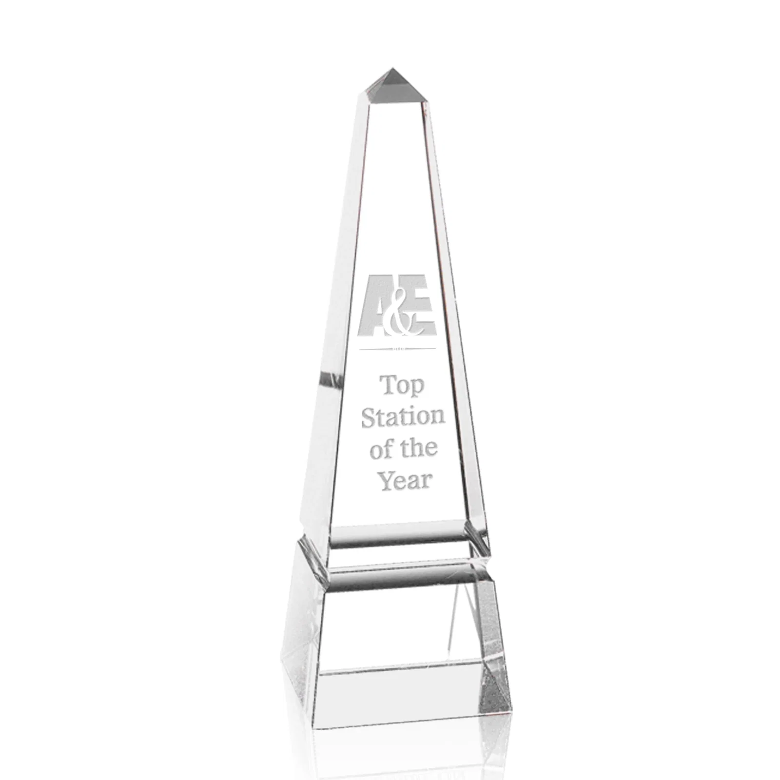 Custom Optical Crystal Obelisk Award with a Single Groove on Every Side for donor appreciation