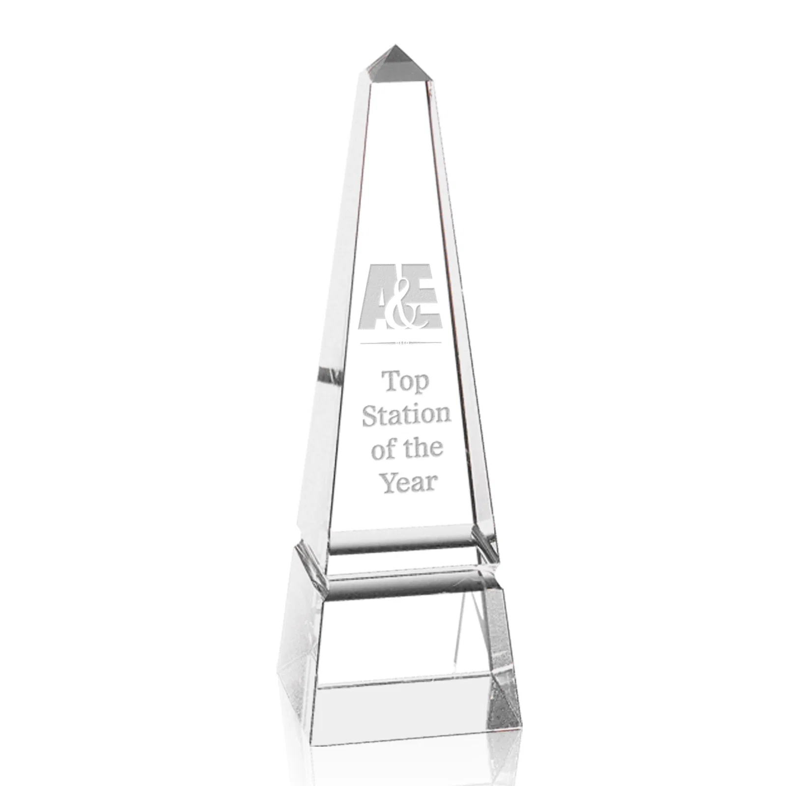 Custom Optical Crystal Obelisk Award with a Single Groove on Every Side for graduation ceremonies