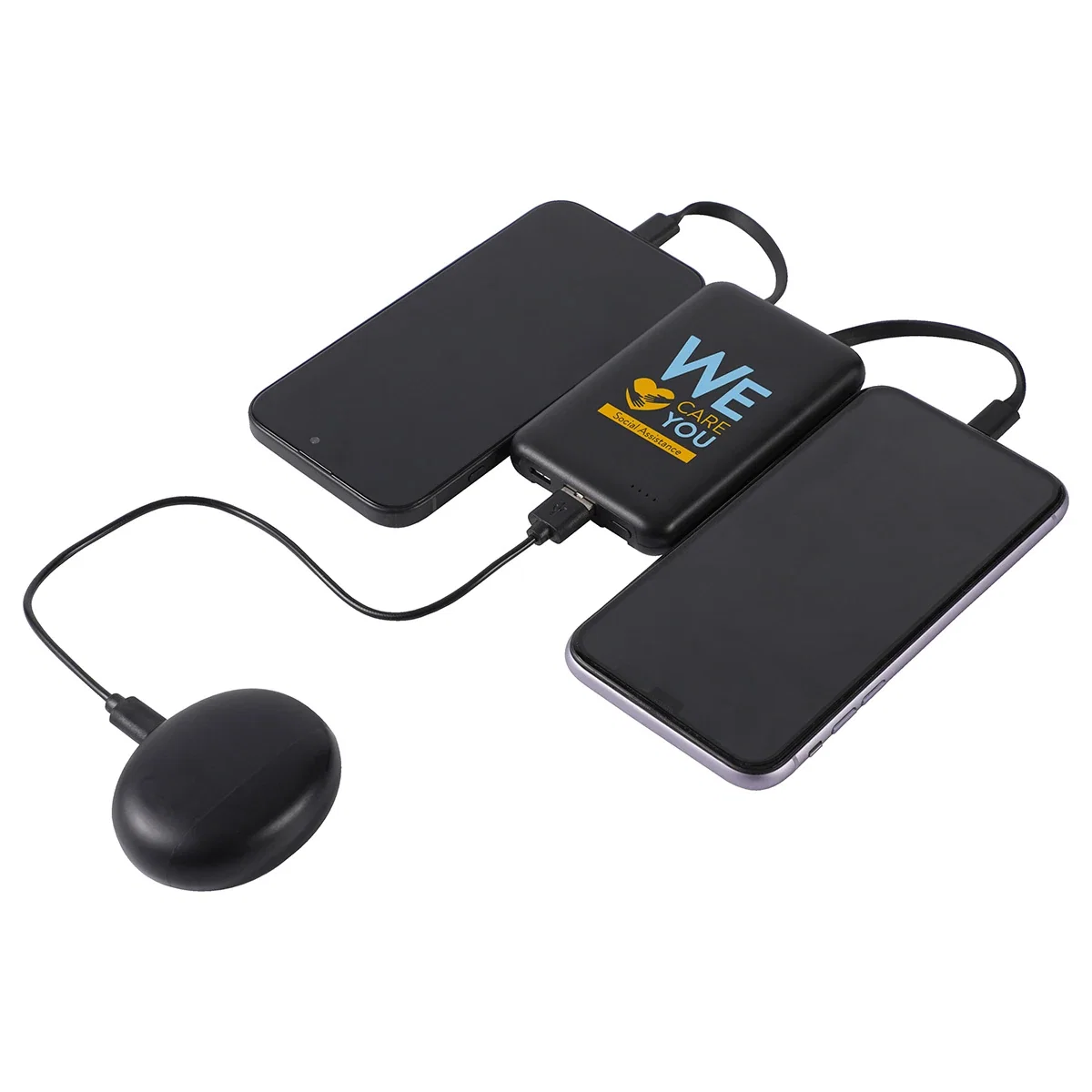 Close-up of the Guild Power Bank's built-in cable connectors