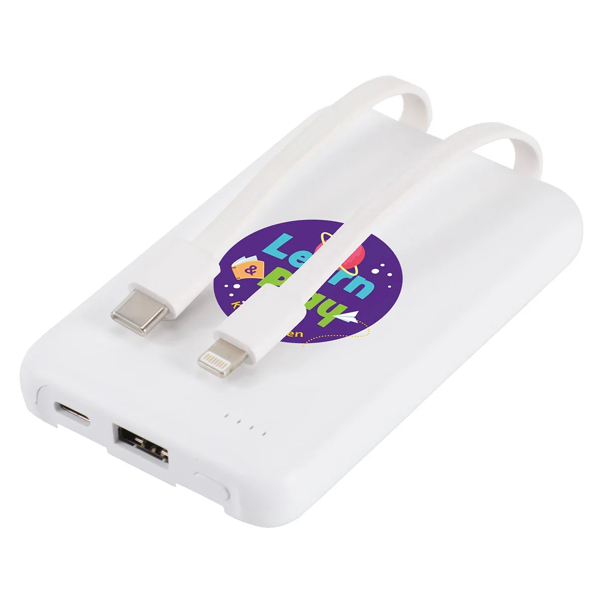 Guild Power Bank in use, charging a smartphone with one of the built-in cables