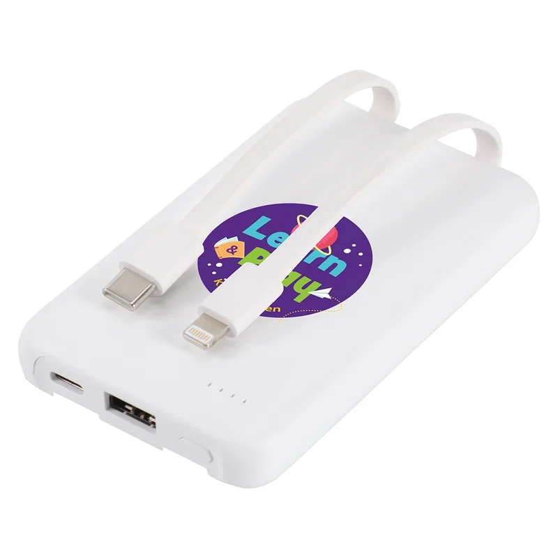 Guild Power Bank in use, charging a smartphone with one of the built-in cables