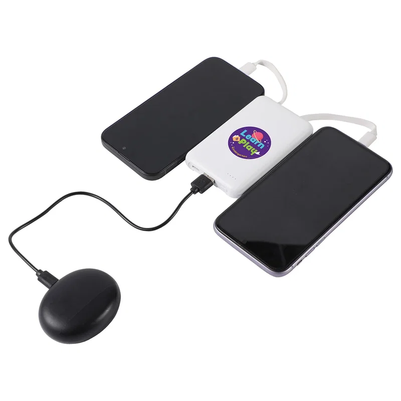 Guild Power Bank in use, charging a tablet with the built-in USB-C cable
