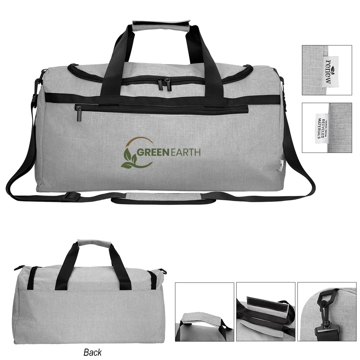 Gray heathered duffel bag made from recycled polyester