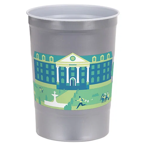 Close-up of the Halftime branded steel chill cup imprint area