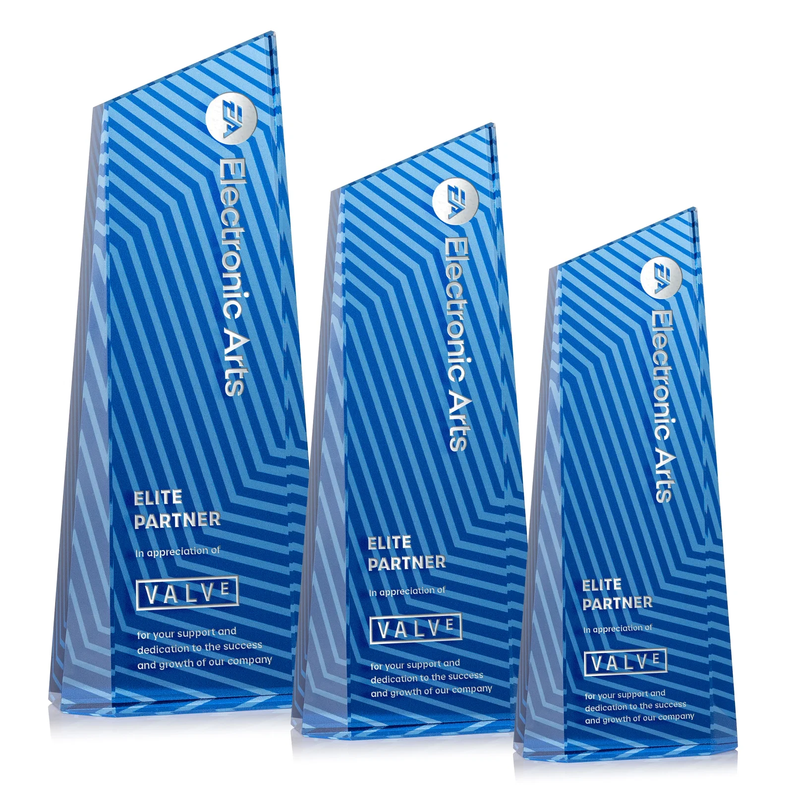 Custom Optical Crystal Tower Award, Geometric Lines in Nine Bold Colors, awards for dealer and partner awards