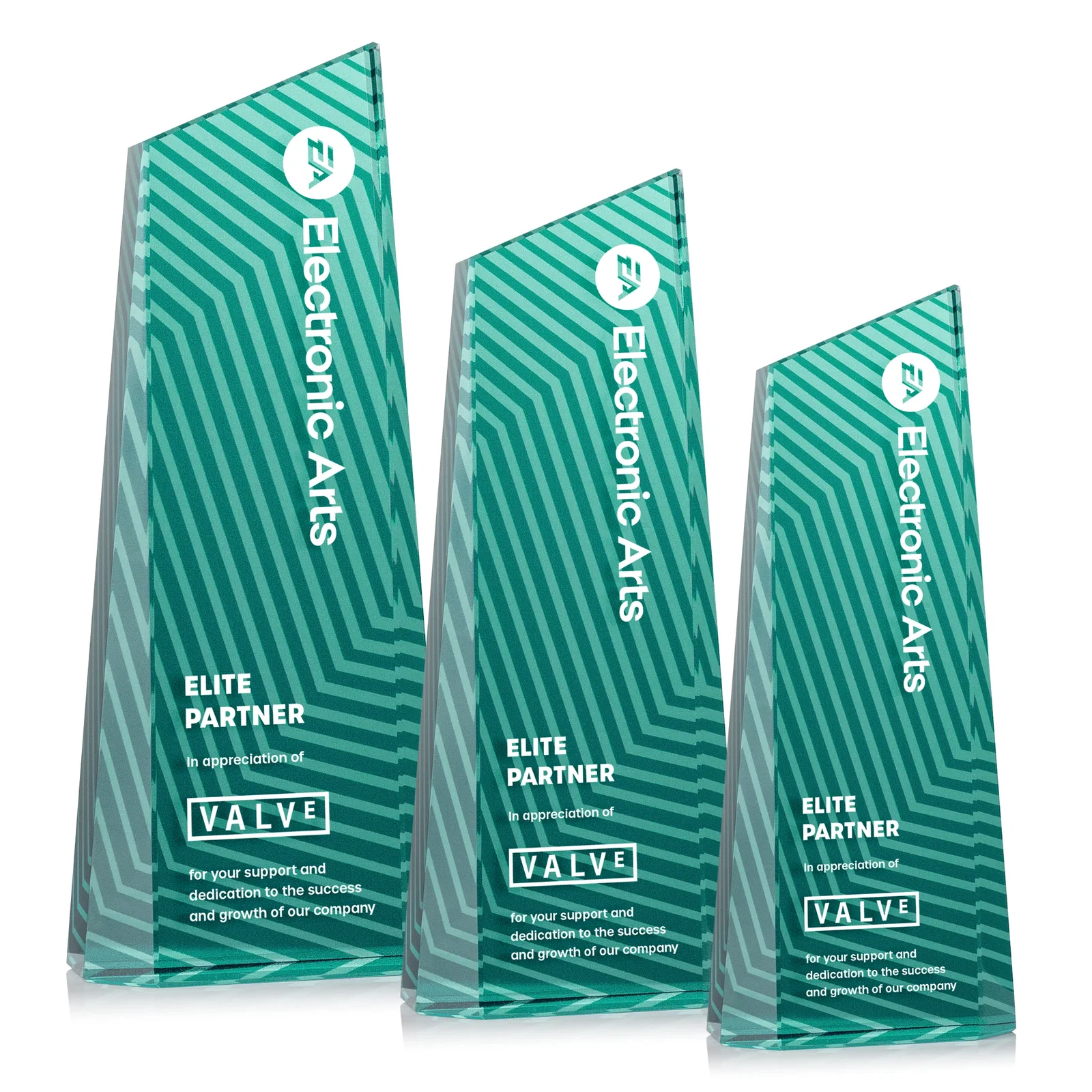 Custom printed Optical Crystal Tower Award, Geometric Lines in Nine Bold Colors, awards for corporate award ceremonies