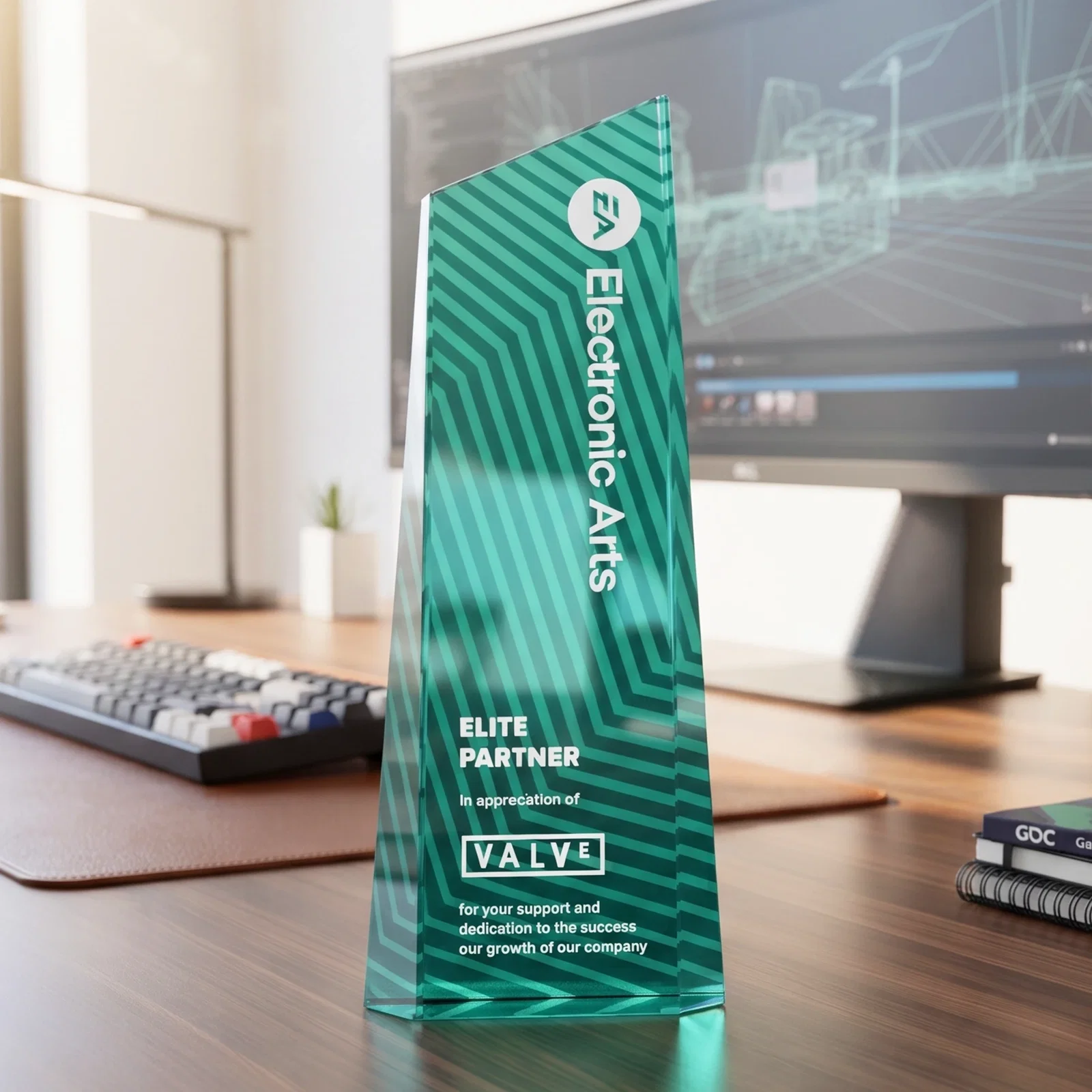 Custom printed Optical Crystal Tower Award, Geometric Lines in Nine Bold Colors, awards for donor appreciation