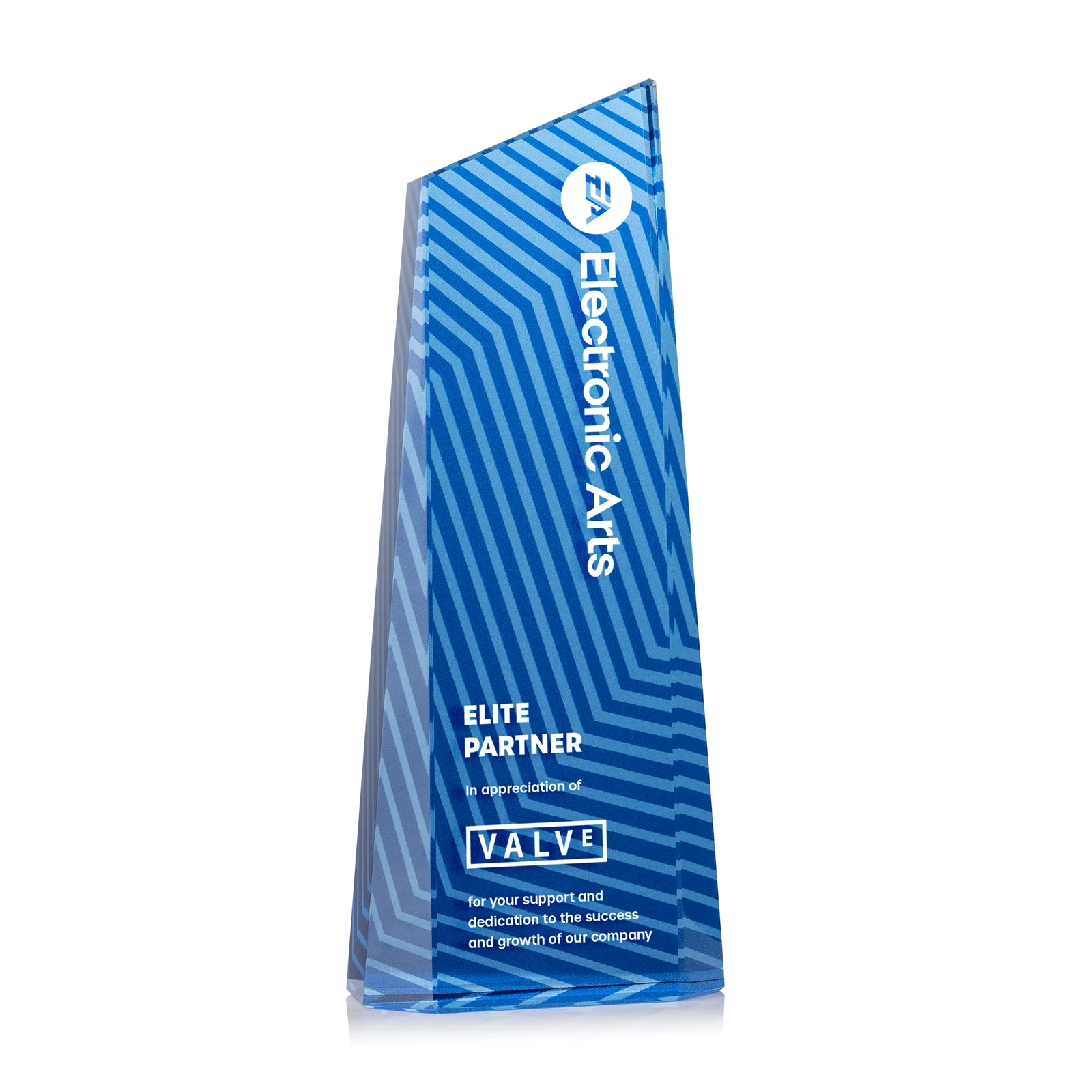 Custom engraved Optical Crystal Tower Award, Geometric Lines in Nine Bold Colors, awards for team milestone celebrations