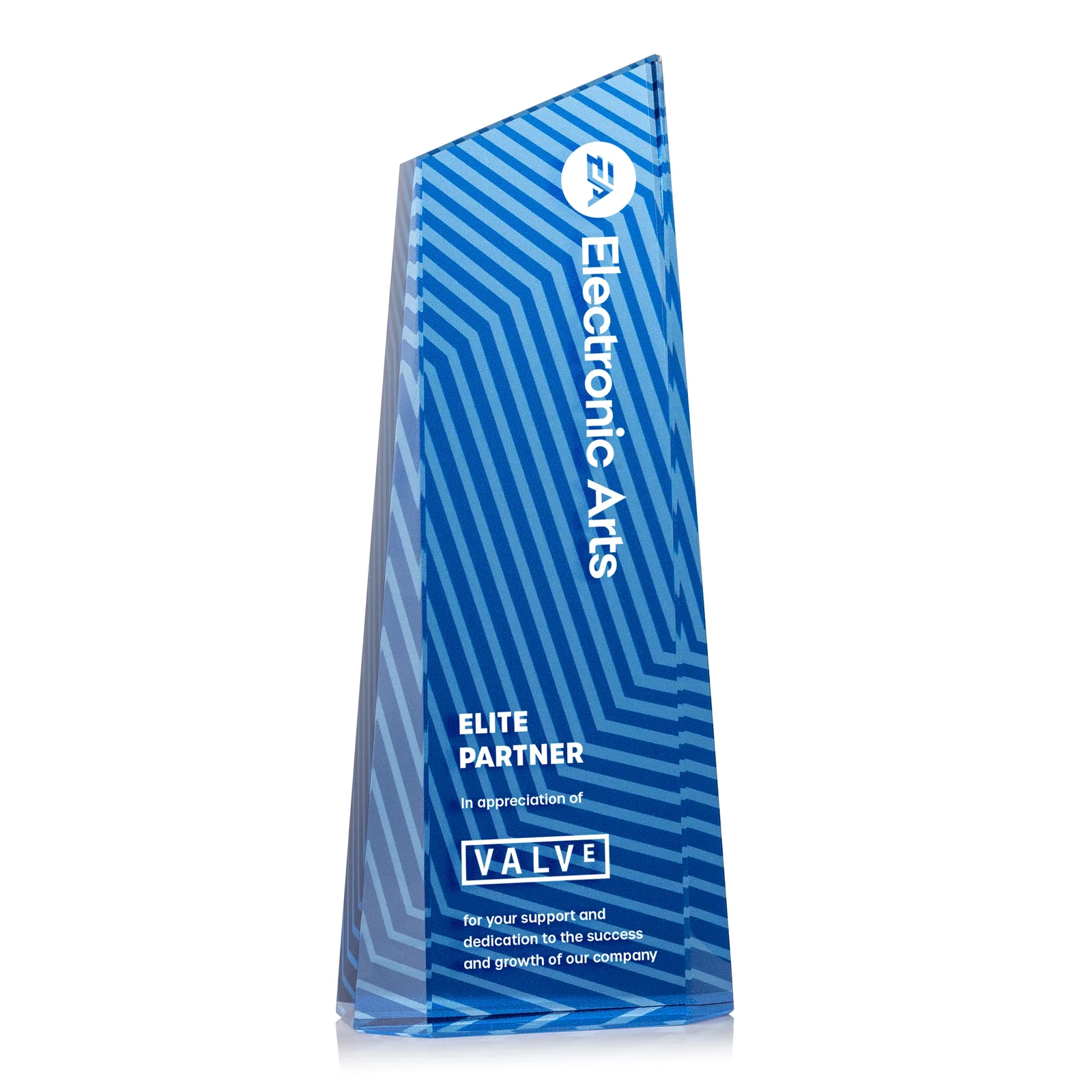 Custom engraved Optical Crystal Tower Award, Geometric Lines in Nine Bold Colors, awards for donor appreciation