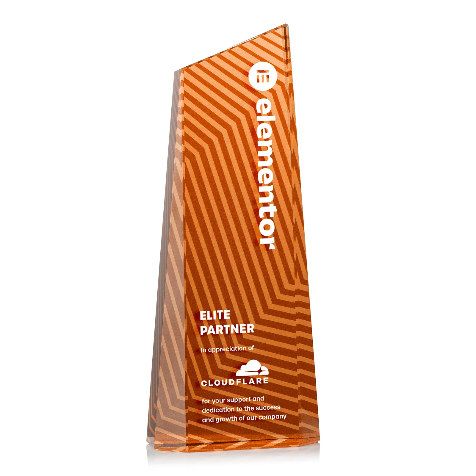 Custom engraved Optical Crystal Tower Award, Geometric Lines in Nine Bold Colors, awards for dealer and partner awards