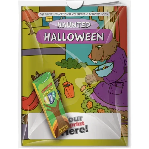 Halloween Haunted Holiday coloring book combo pack with 4 Fun Pak crayons in poly bag, front view