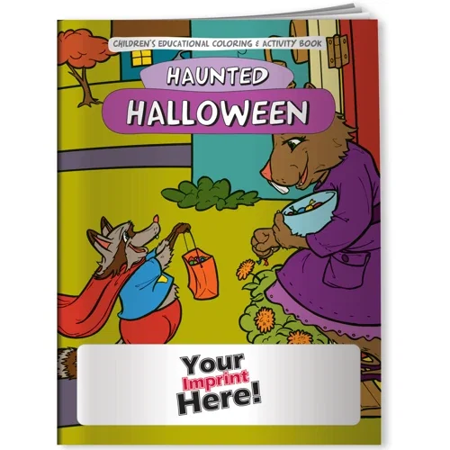 Halloween Haunted Holiday coloring book cover, spooky promotional kids activity book