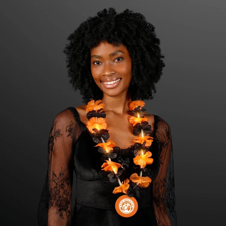 Halloween Lightup Flashing Lei Custom Medallion being worn