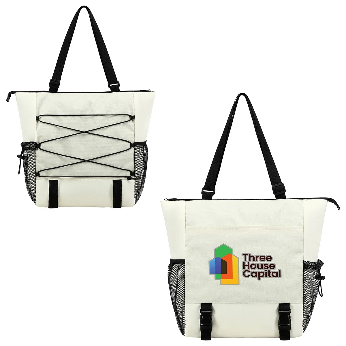 Custom Halsted 600D Ripstop and Washed Nylon Zippered Tote Bag, front view of the branded tote