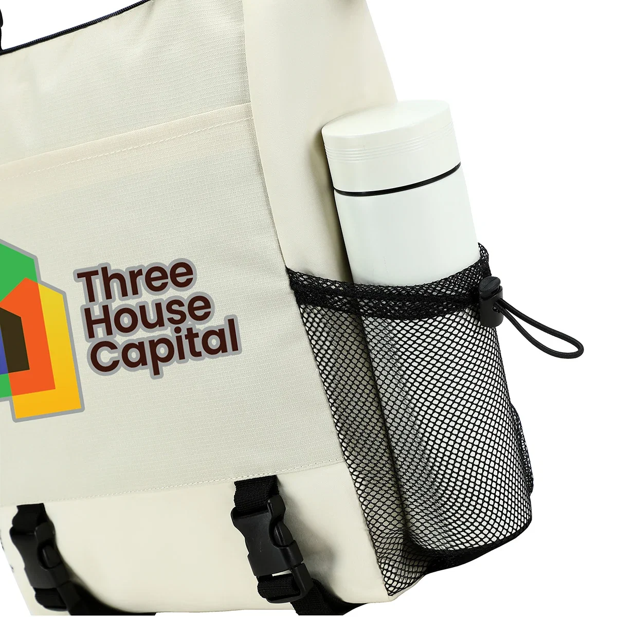 Promotional Halsted Zippered Tote Bag carried by the handles, tote bag in use