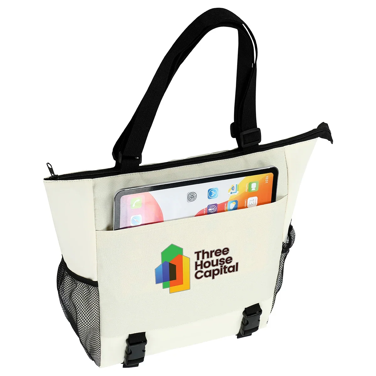 Side profile of the branded Halsted Zippered Tote Bag showing the zippered top closure