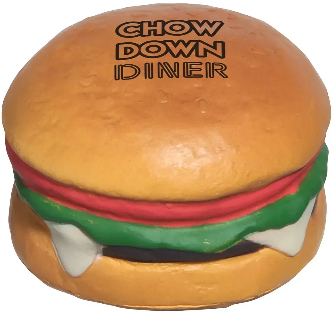 Hamburger Stress Reliever, custom stacked-burger foam squeeze toy for branded restaurant logo giveaways