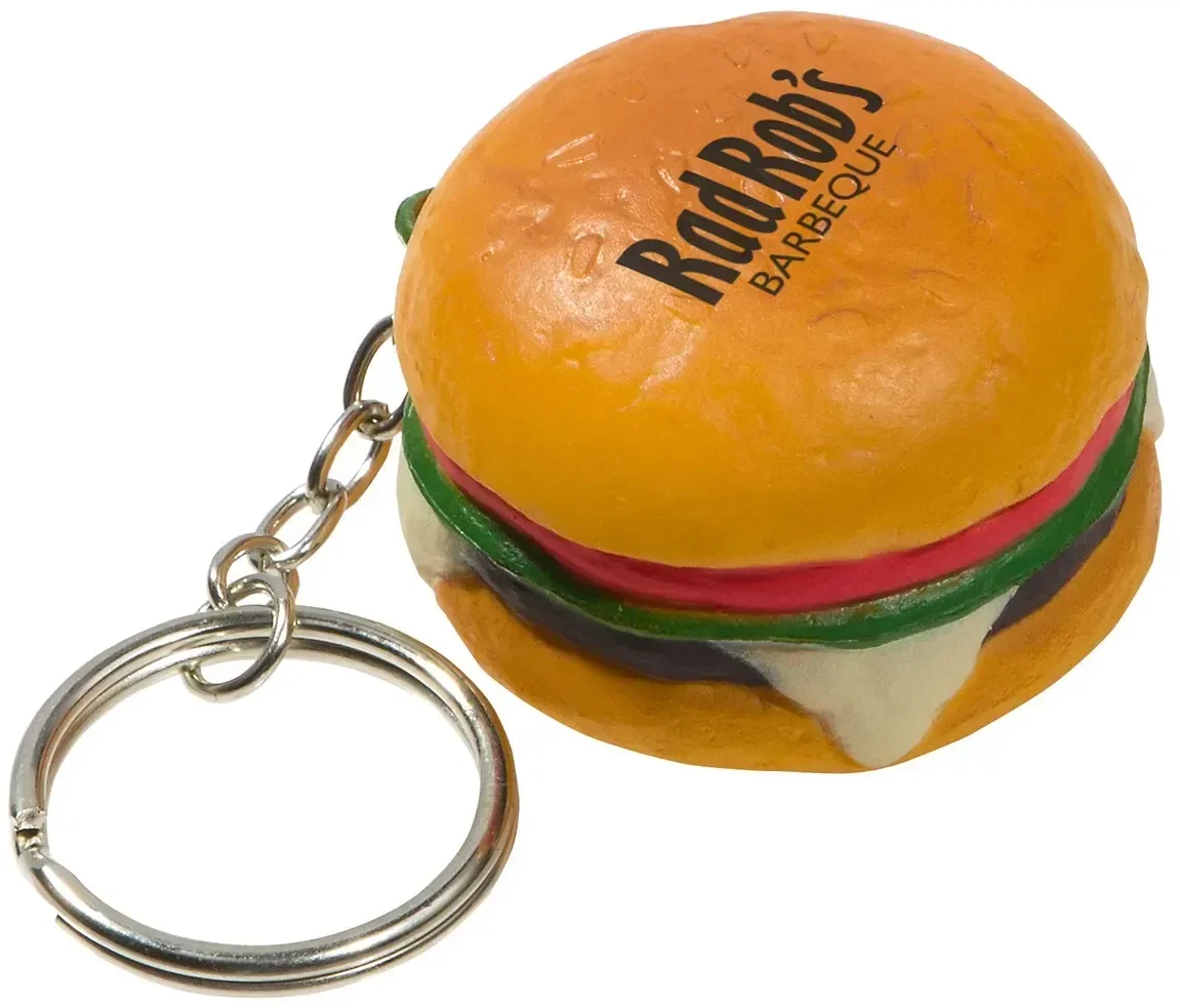 Hamburger Stress Reliever Keychain, a branded stacked-burger squeeze toy keyring for custom logo restaurants