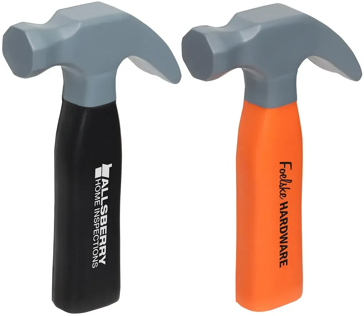 Custom Hammer Stress Reliever shaped like a claw hammer, front view with promotional logo