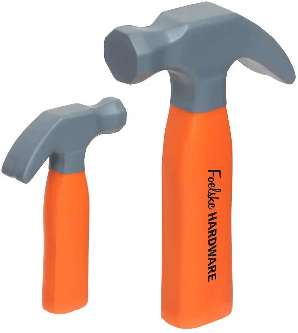 Branded Hammer Stress Reliever squeeze toy, side view of the molded claw hammer with logo
