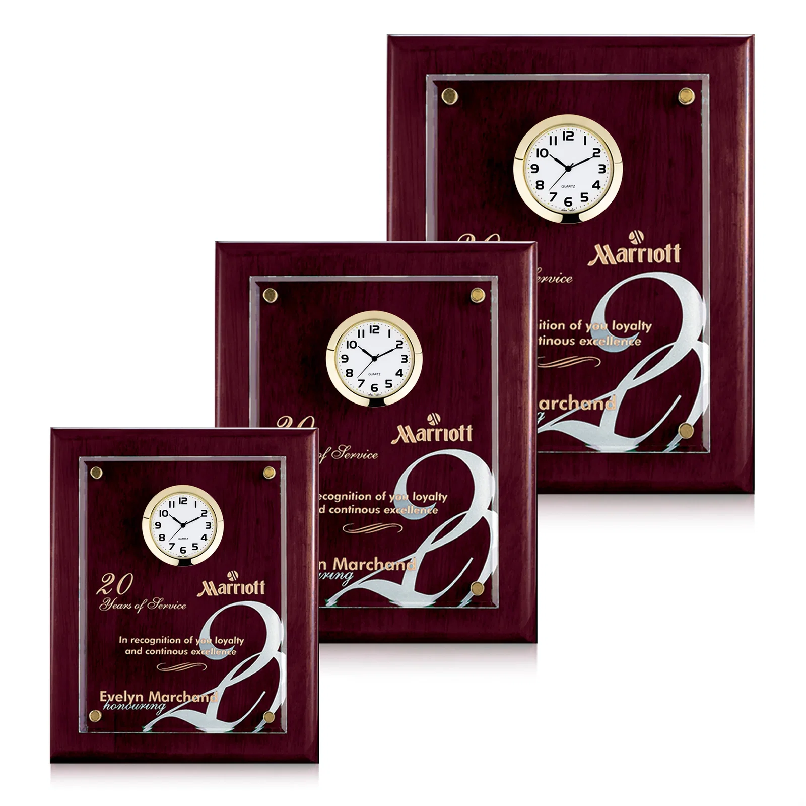 Custom Rosewood Plaque Clock With Starfire Crystal Plate, Desk or Wall for employee recognition