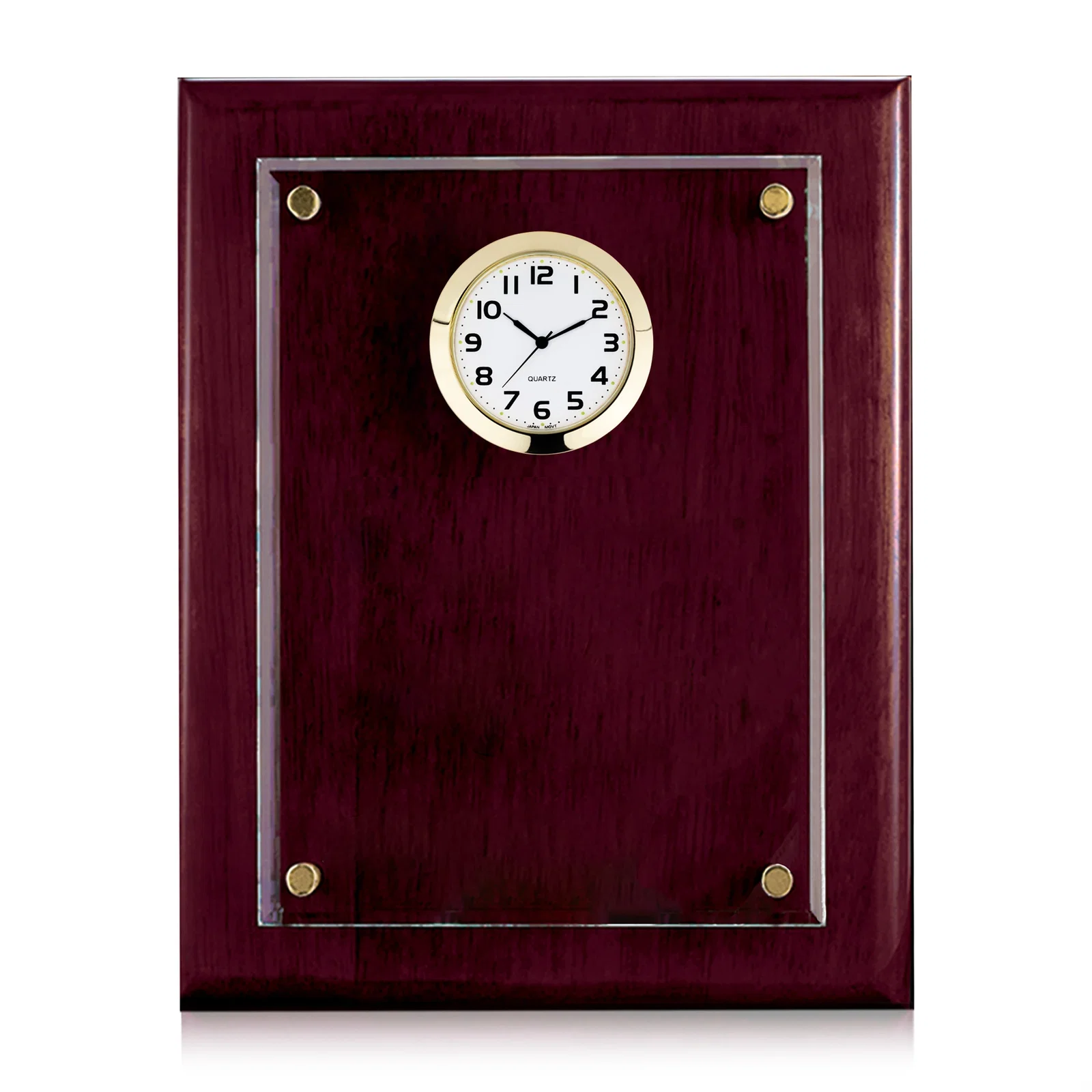 Custom Rosewood Plaque Clock With Starfire Crystal Plate, Desk or Wall for dealer and partner awards